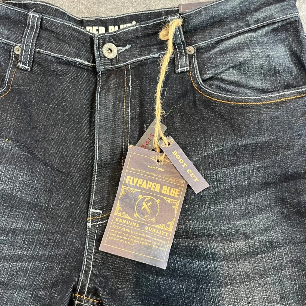 Flypaper Blue Mens Bootcut‎ Jeans Dark Wash Y2K Grunge 36x32 Embroidered Pocket